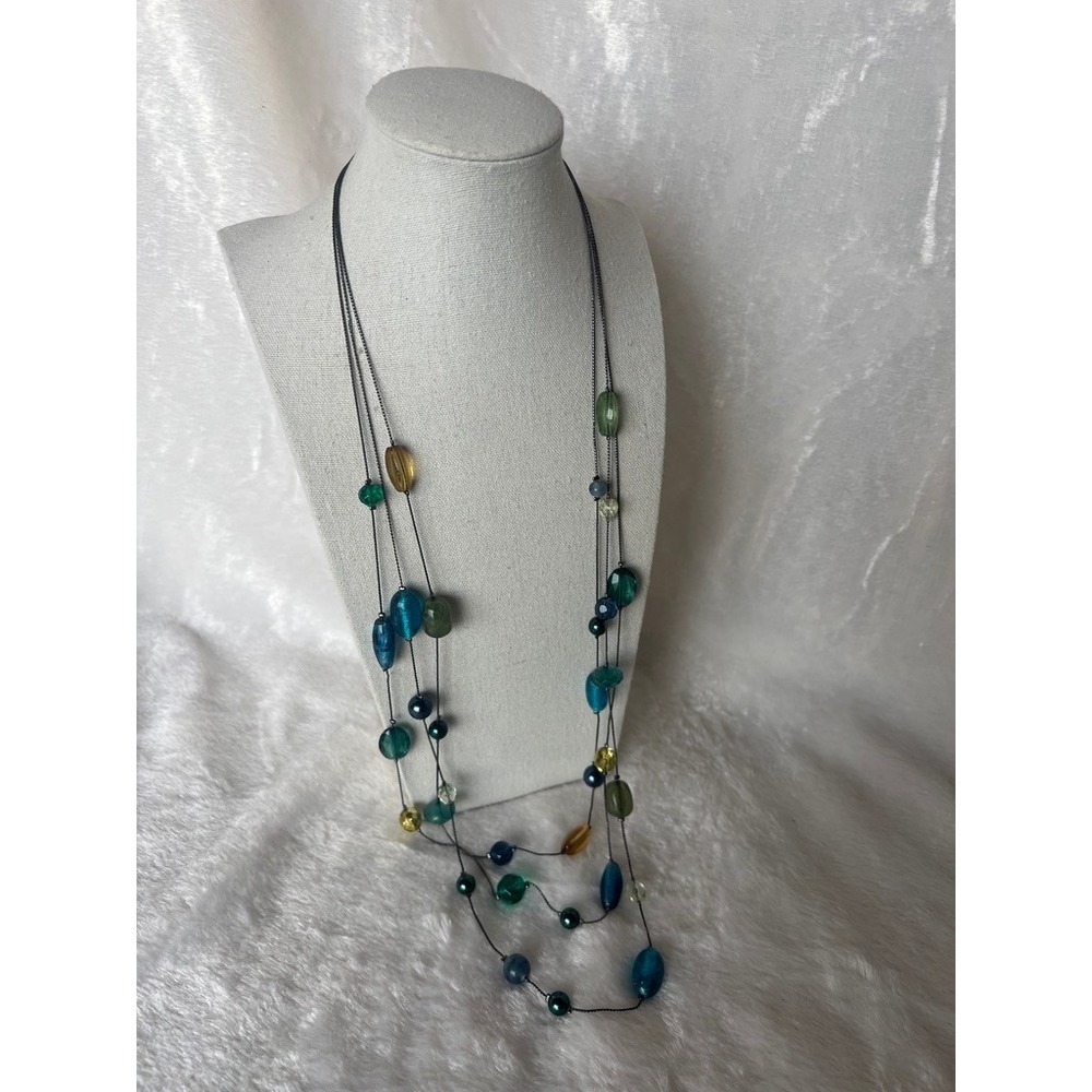 Lia Sophia Beaded Multi Strand Necklace‎ Teal Green Amber 30" Layered Statement